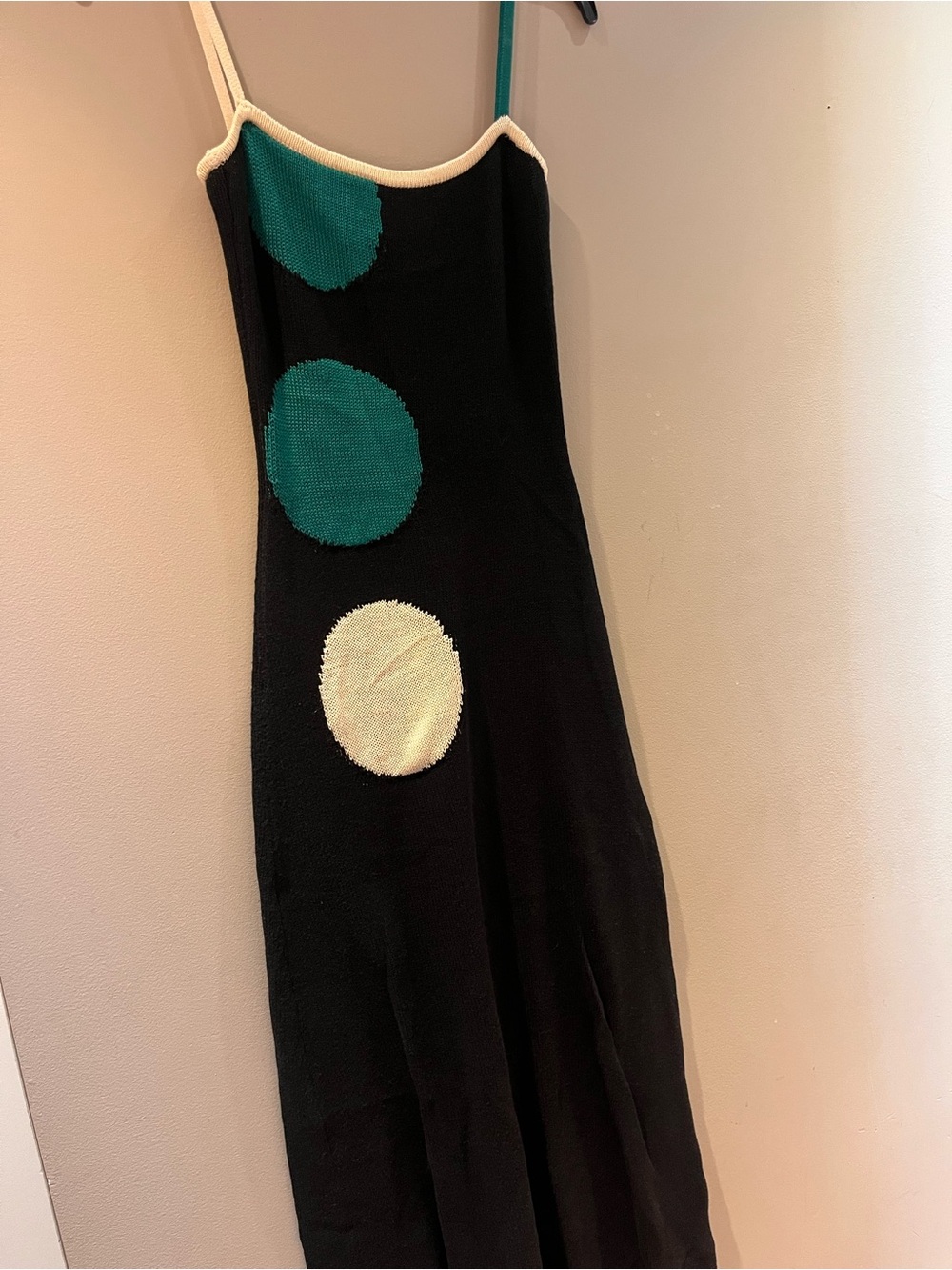 Trendy Black knit maxi Dress with Teal and Cream Dot Details